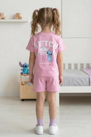 Kız Çocuk Stitch Baskılı Yazlık Tişört ve Şort Takım Pembe