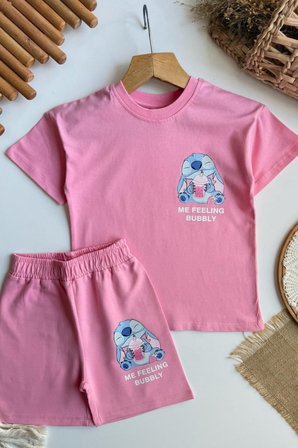 Kız Çocuk Stitch Baskılı Yazlık Tişört ve Şort Takım Pembe