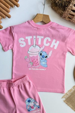Kız Çocuk Stitch Baskılı Yazlık Tişört ve Şort Takım Pembe