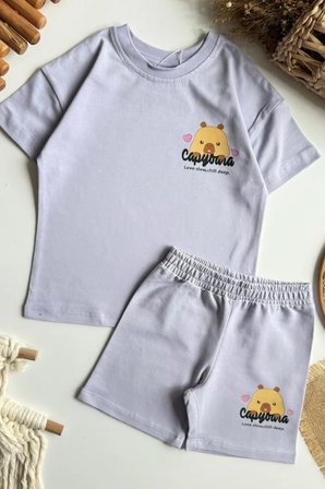 Kız Çocuk Capybara Baskılı Yazlık Tişört ve Şort Takım Lila