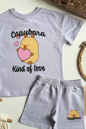 Kız Çocuk Capybara Baskılı Yazlık Tişört ve Şort Takım Lila