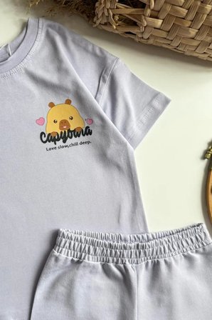 Kız Çocuk Capybara Baskılı Yazlık Tişört ve Şort Takım Lila