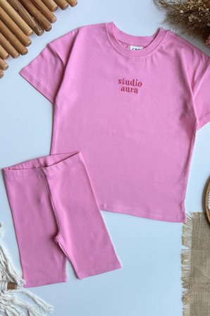 Kız Çocuk Yazı Nakışlı Tişört ve Fitilli Kısa Tayt Takım Pembe
