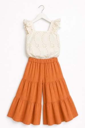 Kız Çocuk Dantel Detaylı Crop Bluz ve Pantolon Takım