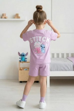 Kız Çocuk Stitch Baskılı Yazlık Tişört ve Şort Takım Lila