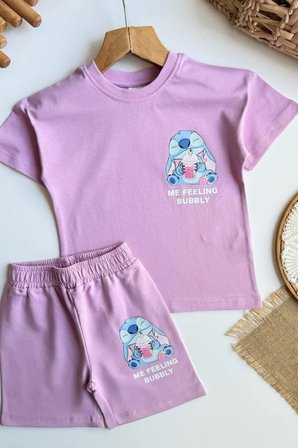 Kız Çocuk Stitch Baskılı Yazlık Tişört ve Şort Takım Lila