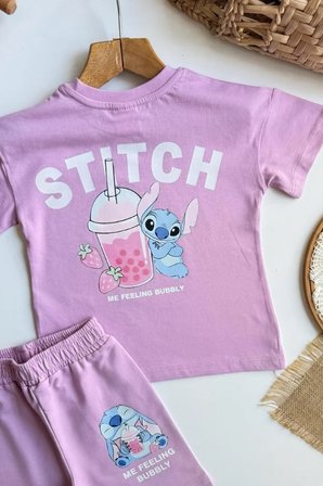 Kız Çocuk Stitch Baskılı Yazlık Tişört ve Şort Takım Lila