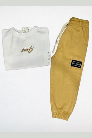 Erkek Çocuk Nakışlı Oversize Tişört ve Jogger Takım Bej