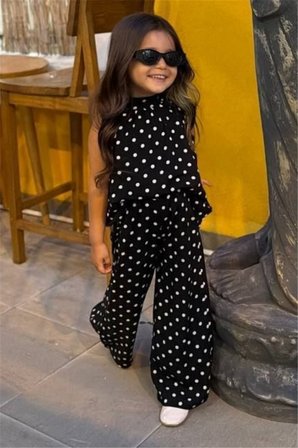 Kız Çocuk Puantiyeli Bluz ve Pantolon Takım Siyah