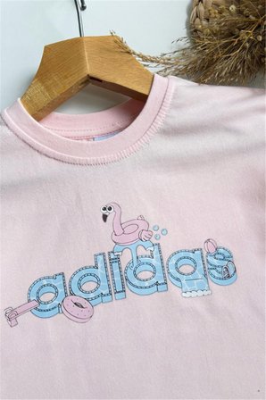 Kız Çocuk Yazlık Logo Baskılı Tişört ve Şort Takım Pembe