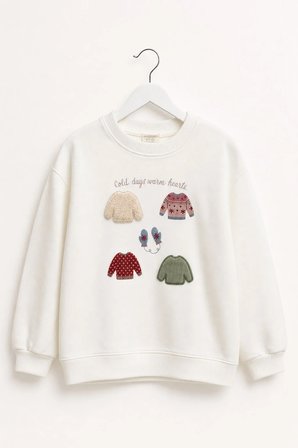 Kız Çocuk Kazak Baskılı Oversize Sweatshirt Ekru