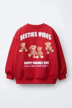 La Ciel Paris Kız Çocuk Ayı Baskılı Sweatshirt Kırmızı