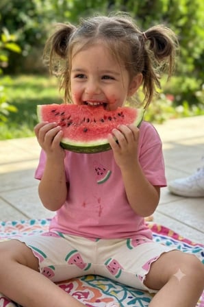 Kız Çocuk Karpuz İşlemeli Tişört ve Kısa Tayt Takım Pembe
