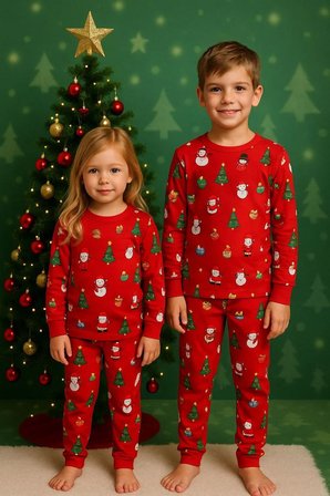 Çocuk Yeni Yıl Temalı Pijama Takımı Kırmızı