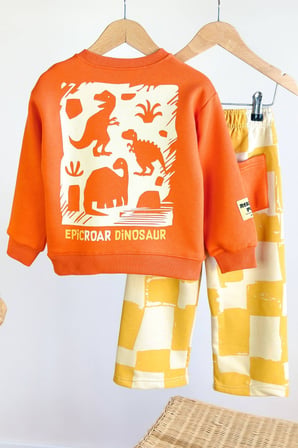 Erkek Çocuk Dinozor Temalı Sırt Baskılı Sweatshirt ve Pantolon Takım