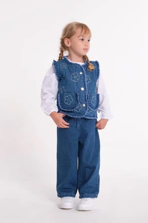 Kız Çocuk Yelek Gömlek Pantolon 3'lü Denim Takım Mavi