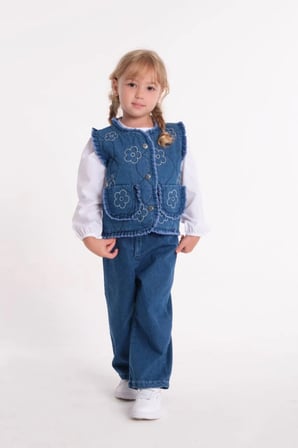 Kız Çocuk Yelek Gömlek Pantolon 3'lü Denim Takım Mavi