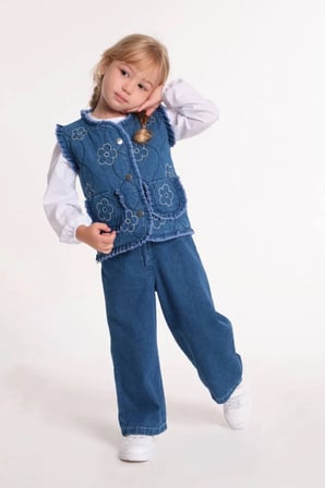 Kız Çocuk Yelek Gömlek Pantolon 3'lü Denim Takım Mavi