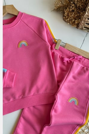 Kız Çocuk Gökkuşağı Nakışlı Eşofman Takım Pembe