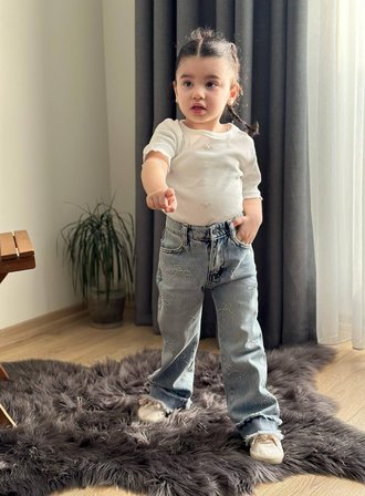 Kız Çocuk Fiyonk Detaylı Tişört ve Pantolon Takım Ekru