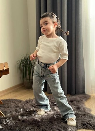 Kız Çocuk Fiyonk Detaylı Tişört ve Pantolon Takım Ekru
