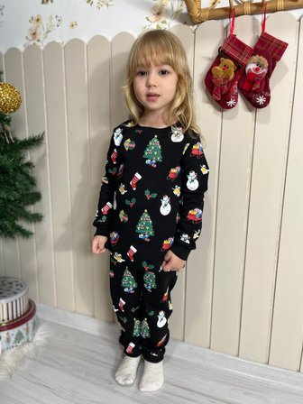 Çocuk Yeni Yıl Temalı Pijama Takımı Siyah