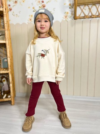 Kız Çocuk Nakışlı Sweatshirt Tayt Takım Bordo