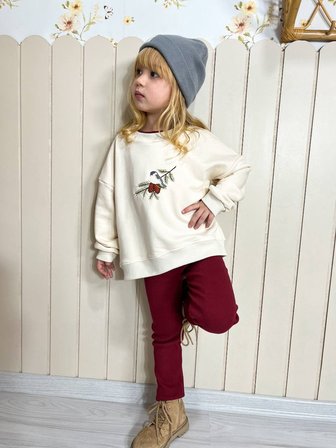 Kız Çocuk Nakışlı Sweatshirt Tayt Takım Bordo