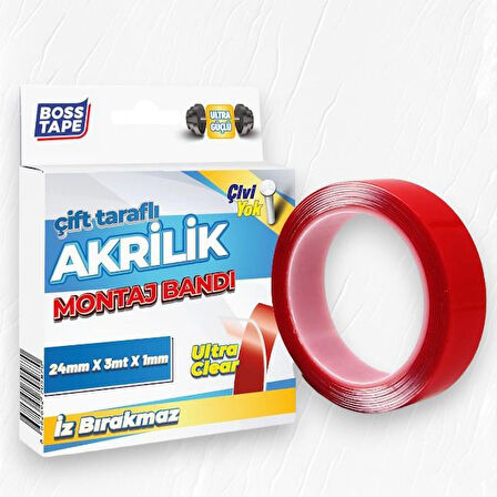 Boss Tape Çift Taraflı Akrilik Montaj Bandı- 18mmx3mt Şeffaf