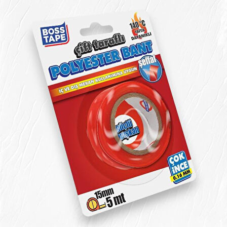 Boss Tape Çift Taraflı Polyester Bant 15mm-5mt 140 °C Isıya Dayanıklı