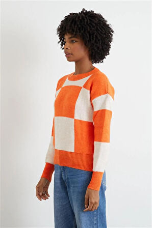 Kare Desen Triko Crop-Oranj