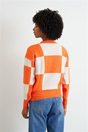 Kare Desen Triko Crop-Oranj