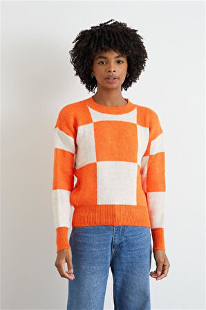 Kare Desen Triko Crop-Oranj