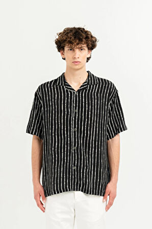 Apaj Yaka %100 Viscon Kısa Kol Çizgili Erkek Gömlek
