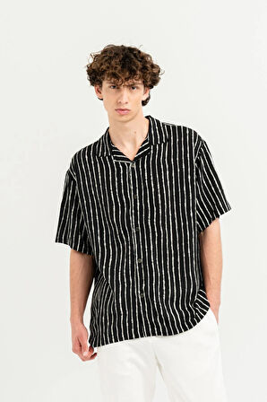 Apaj Yaka %100 Viscon Kısa Kol Çizgili Erkek Gömlek