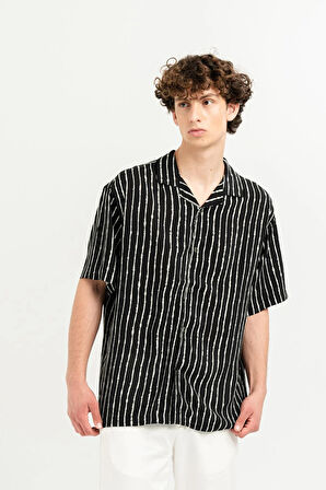 Apaj Yaka %100 Viscon Kısa Kol Çizgili Erkek Gömlek