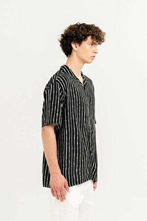 Apaj Yaka %100 Viscon Kısa Kol Çizgili Erkek Gömlek