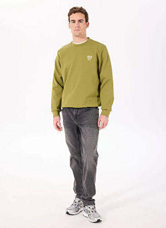 Bisiklet Yaka Sırtı Flok Göğsü Yıldız Baskılı Erkek Sweatshirt