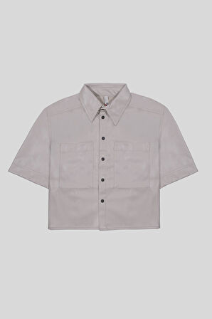 Kısa Kollu Cepli Deri Kadın Gömlek