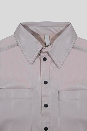 Kısa Kollu Cepli Deri Kadın Gömlek