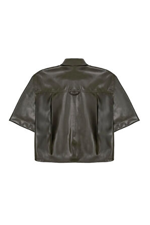 Kısa Kollu Cepli Deri Kadın Gömlek