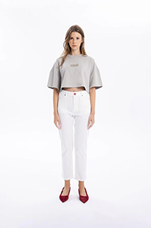 Bisiklet Yaka Ön Flexi Baskılı Kadın Crop
