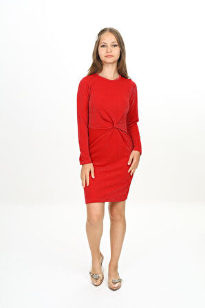 Kız Çocuk Pırıltılı Bükümlü Abiye Kırmızı Elbise 11-16 Yaş