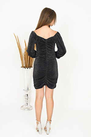 Kız Çocuk Büzgü Tasarım Siyah Abiye Elbise 11-16 Yaş