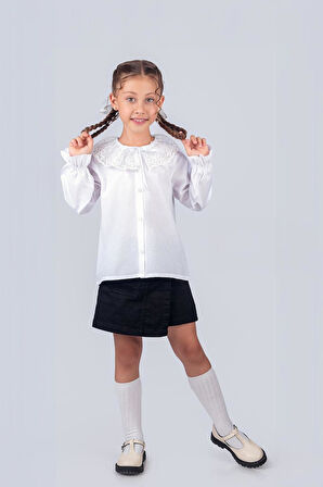 Kız Çocuk Okul Gömleği Tül Yaka 9-12 Yaş