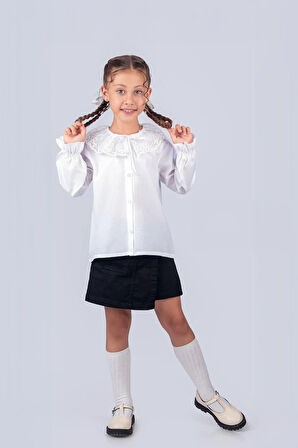 Kız Çocuk Okul Gömleği Tül Yaka 9-12 Yaş