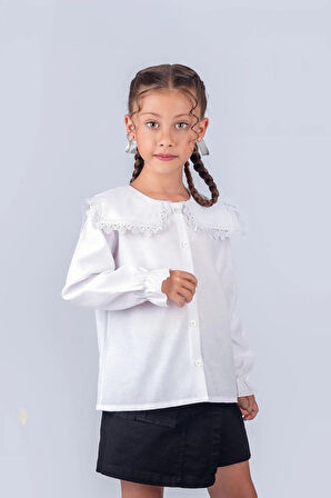 Kız Çocuk Okul Gömleği Dantelli Yaka 9-12 Yaş