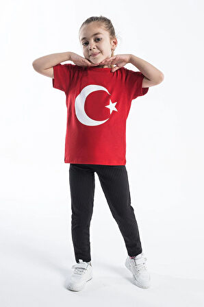 Kız Çocuk Türk Bayraklı Kırmızı Tshirt Penye 