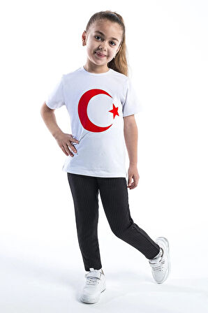 Kız Çocuk Türk Bayraklı Beyaz Tshirt Penye