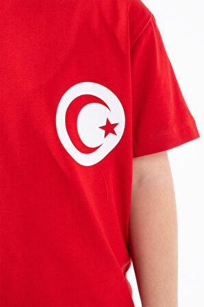 Kız Çocuk Türk Bayrak Göğüs Arma Baskılı Kırmızı Tshirt